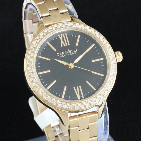 Caravelle New York Ladies Casual Watch Swarovski Crystal Bezel Gold Tone 37mm - Picture 1 of 14
